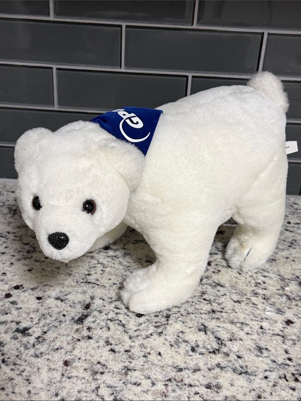 White Plush Polar Bear with Blue Neck Scarf